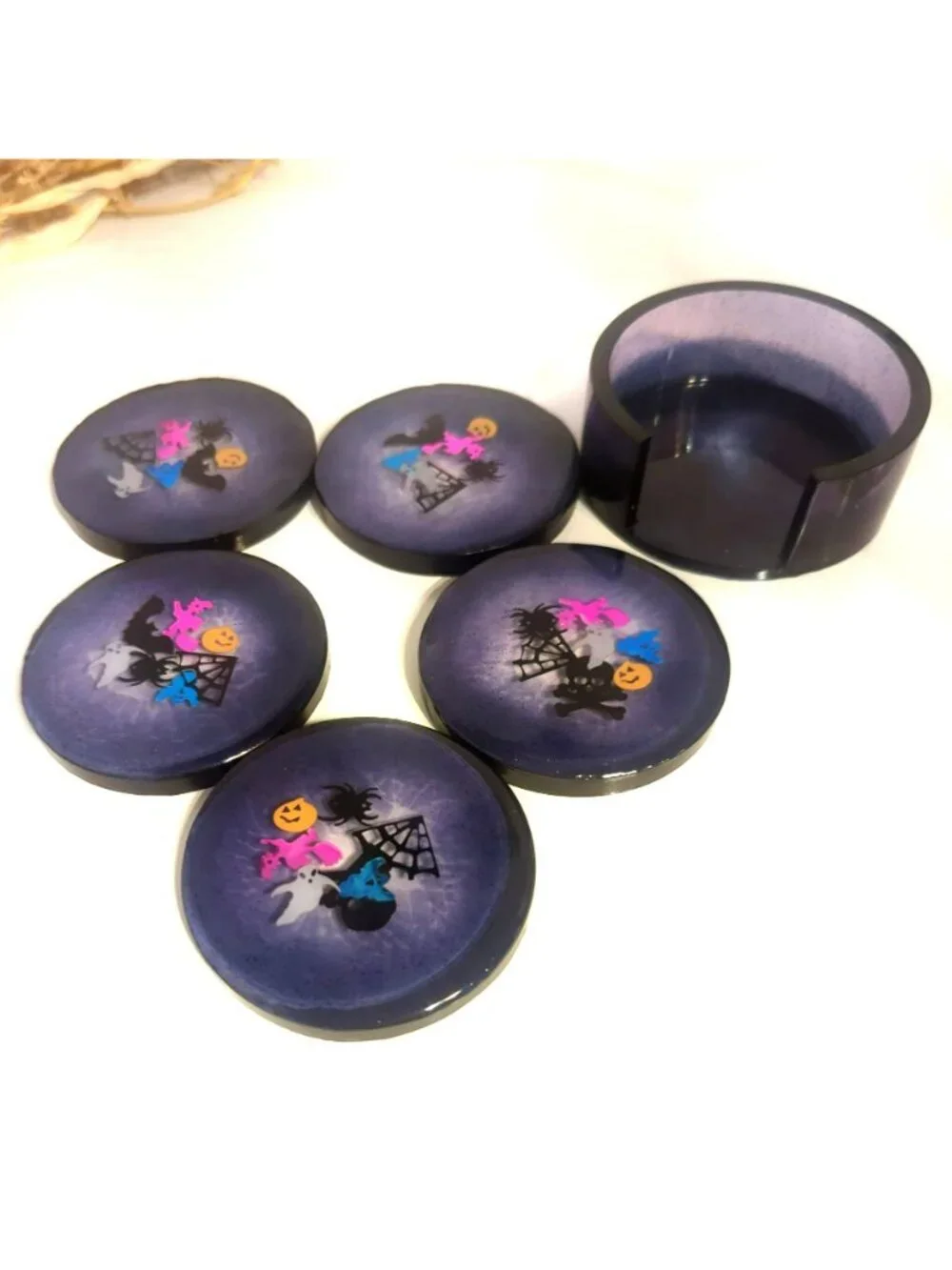 Handmade Resin Round Coaster Set With Holder Halloween-Themed Spooky Home Decor